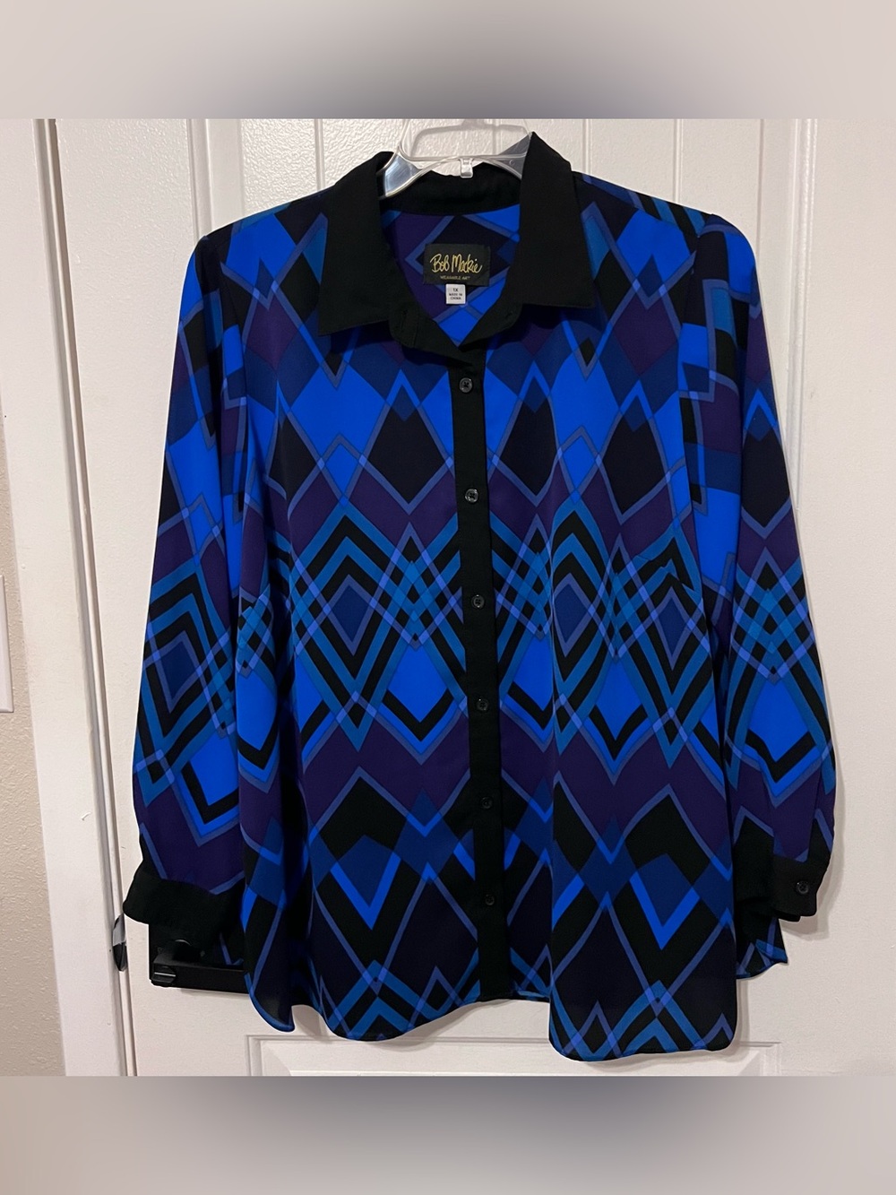 Bob Mackie Wearable Art Blue and Black Geometric Button-Front Blouse